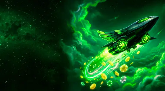 Bannière du premier dépôt : un jet vert lancé dans un nuage de pièces d'or