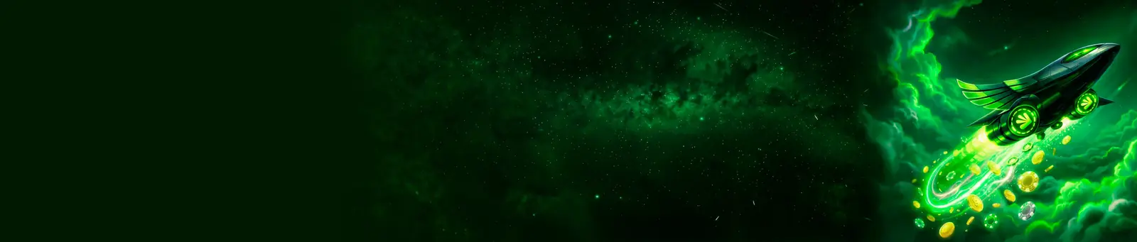 Un jet vert lancé dans un nuage lumineux, entouré de pièces d'or